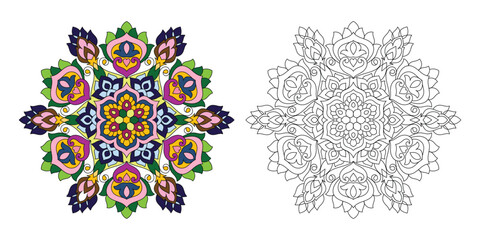 Decorative hand-drawn floral mehndi design style coloring book page illustration 