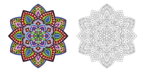 Fototapeta na wymiar Decorative hand-drawn floral mehndi design style coloring book page illustration 