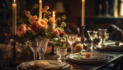 Elegant dinner party with champagne, wine, and modern decor generated by AI