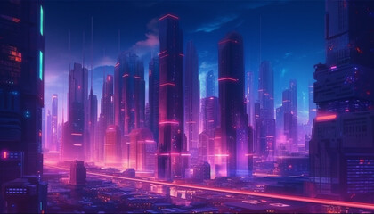 Fototapeta na wymiar Modern transportation illuminates the futuristic financial district skyline at night generated by AI