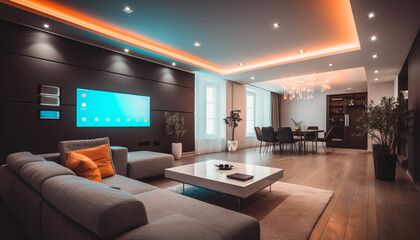 Modern luxury living room with comfortable sofa, elegant decor, and electric lamp generated by AI
