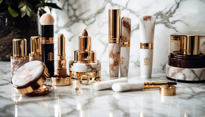Fototapeta na wymiar Shiny metal bottle collection: luxury beauty products for healthy lifestyles generated by AI