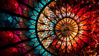 Stained glass window in Gothic cathedral illuminates vibrant religious symbolism generated by AI