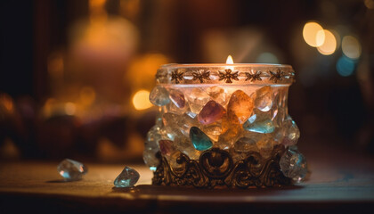 Fototapeta na wymiar A glowing crystal candle illuminates the elegant, shiny celebration generated by AI