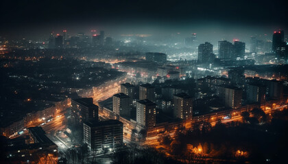 Fototapeta na wymiar The illuminated city skyline glows at dusk, a modern marvel generated by AI