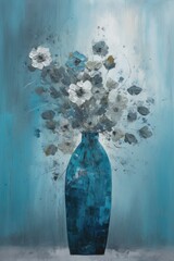 Abstract bouquet of daisies in a vase oil painting in shades of blue. Impressionist still life flowers.