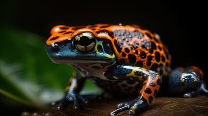 Fototapeta premium Colorful jungle tree frog. Amphibian wildlife in the rainforest. Speckled poison toad closeup. 