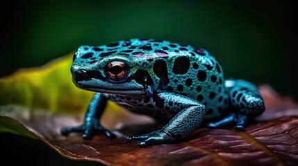 Colorful jungle tree frog. Amphibian wildlife in the rainforest. Speckled poison toad closeup. 