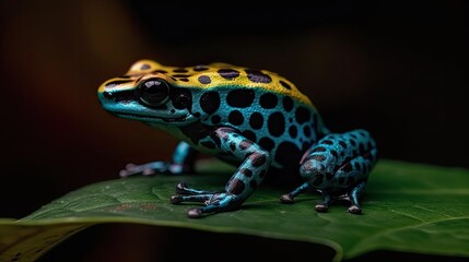 Fototapeta premium Colorful jungle tree frog. Amphibian wildlife in the rainforest. Speckled poison toad closeup. 