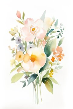 Colorful bouquet of flowers in an abstract watercolor painting. Background texture for spring.