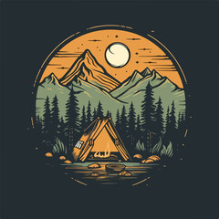 Mountain camp hiking evergreen pine forest and river scene vintage badge logo vector illustration