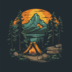 Mountain camp hiking evergreen pine forest and river scene vintage badge logo vector illustration