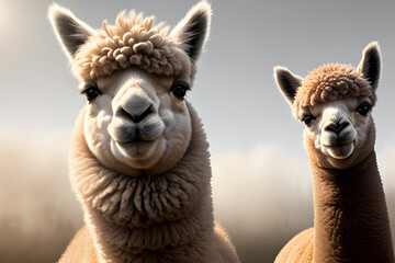Obraz premium Very beautiful alpacas in the fog and with beautiful lighting. Generative AI
