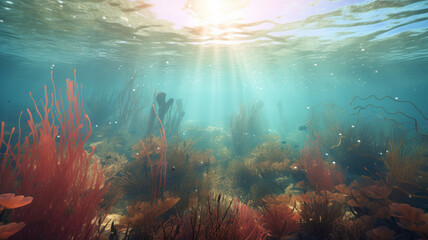 Fototapeta na wymiar An underwater scene, with schools of fish swimming in crystal clear water, vibrant coral and seagrass in the background, and the sunlight shining through the water's surface. generative ai