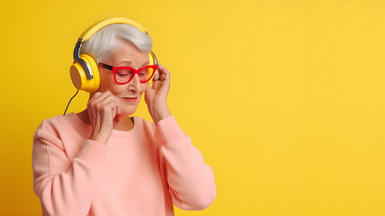 Senior good looking happy women listens to music. Cool grandmother wearing headphones listening music. AI generated