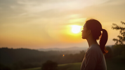 Woman practicing meditation in sunset time, AI generated