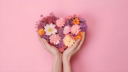 Hands holding Heart made with flowers, love and emotion concept on pink background, free copy space. AI generated
