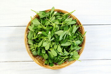 indian region cuisine herb fresh fenugreek leaves in basket harvest from garden for fenugreek...