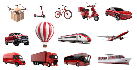 3d illustration All Transport Set ideas concept design, Public Transportation, Logistics, Delivery, Shipping, Railway, Airways, isolated on white transparent background, ai generate - obrazy, fototapety, plakaty