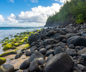 Fototapeta na wymiar Lava Rocks and Golden Sand Against The Na Pali Cliffs at Hanakapiai Beach, Kauai, Hawaii, USA