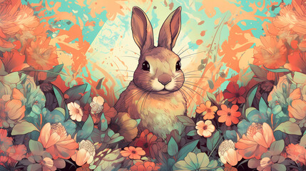 rabbit illustration in the flowers
