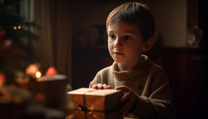 Cute Caucasian boy holding Christmas gift, smiling with happiness indoors generated by AI