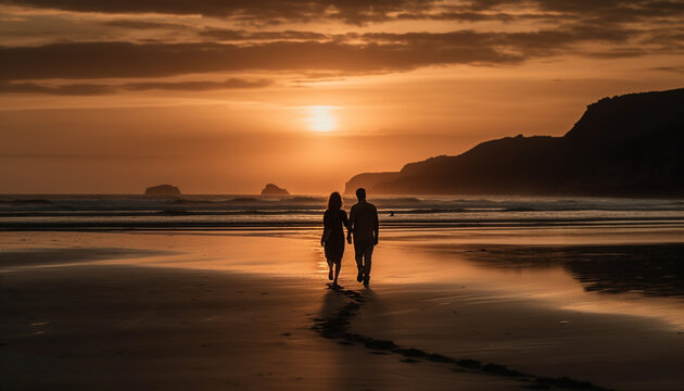 A married couple walks on the beach at sunset, bonding generated by AI