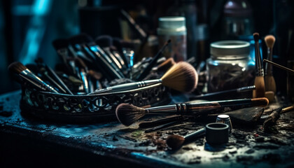 Professional artist make up collection: a colorful still life masterpiece generated by AI