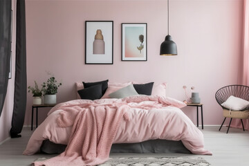 interior of a minimalist Bedroom with Soft Pink Elements Unmade Bed in a Cute and Cozy Bedroom,  Generative AI