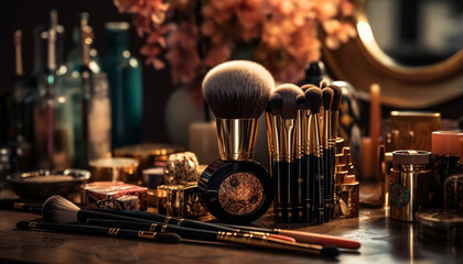 Beauty artist working on a glamorous still life with eyeshadow generated by AI