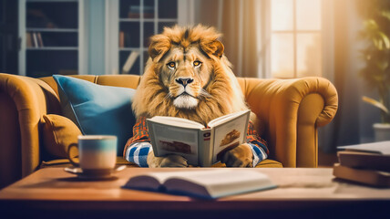 lion reading book on sofa, learning and knowladge concept, Generative ai