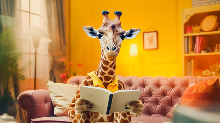 girafe reading book on sofa, learning and knowladge and wisdom concept, Generative ai