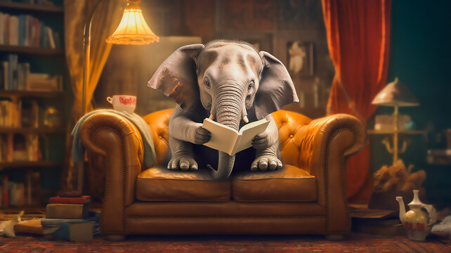 elephant reading book on sofa, learning and knowladge concept, Generative ai
