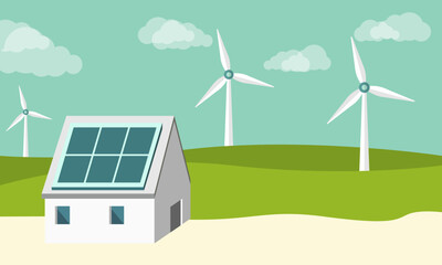 vector illustration of clean electric energy from renewable sources sun and wind. Power plant station buildings with solar panels and wind turbines on city skyline urban landscape background.