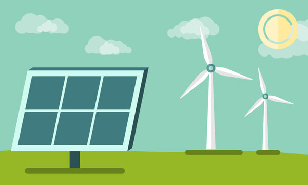 vector illustration of clean electric energy from renewable sources sun and wind. Power plant station buildings with solar panels and wind turbines on city skyline urban landscape background.