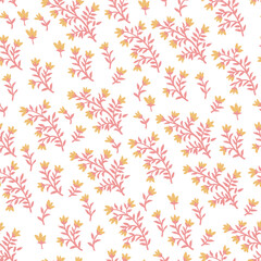Stylish, delicate, romantic, fashionable pattern with small elements of plants on a light background. Seamless vector. A variety of yellow flowers on burgundy twigs.