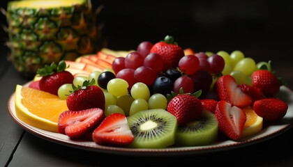 A vibrant fruit salad with ripe berries, citrus, and melon generated by AI
