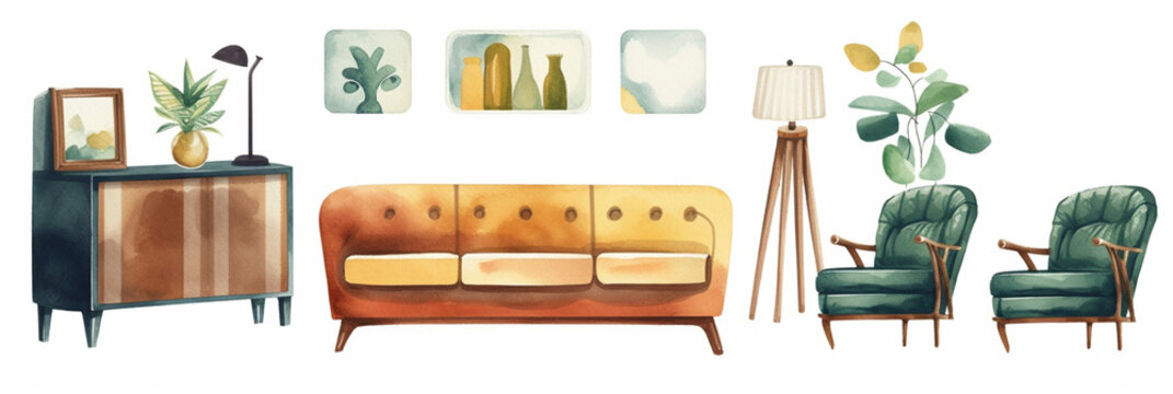 Watercolor illustration of furniture for living room: sofa, armchair, mirror etc. created with generative ai tools