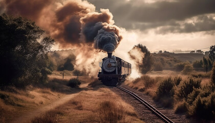 Steam train crashes, causing destruction and air pollution in nature generated by AI
