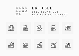 Real Estate Includes House Building, Contract, Agreement, Loan, Insurance, Investment and Mortgage. Line Icons Set. Editable Stroke Vector Stock. 96 x 96 Pixel Perfect.