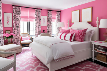 interior of a Pink and White Bedroom with Unmade Bed and Cushions ,  Generative AI