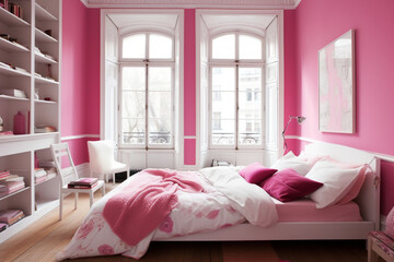 Pink and White Bedroom with Unmade Bed and Cushions ,  Generative AI