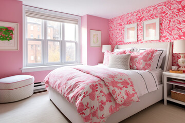 modern Pink and White Bedroom with Unmade Bed and Cushions ,  Generative AI