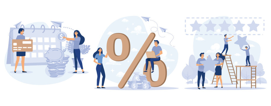 Credit Project, Woman with Credit Card, Percentage Rate Income Profit Concept, Customer Review, People Giving Five Star Positive Rating, set flat vector modern illustration