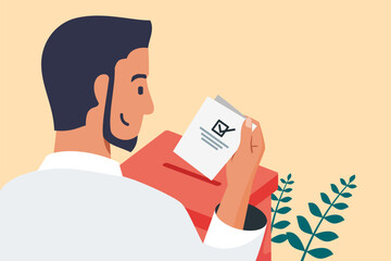 Smiling Muslim Man Putting Vote Paper into Election Box for General Regional or Presidential Election