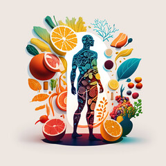 Ai generated illustration abstract man outline with vegetables and fruit. Vegan lifestyle concept, Healthy food fitness