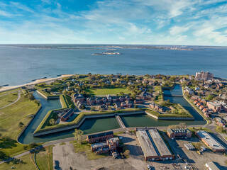 Fototapeta Aerial view of Fort Monroe star shaped military fort protecting Norfolk surrounded with a water filled moat obraz
