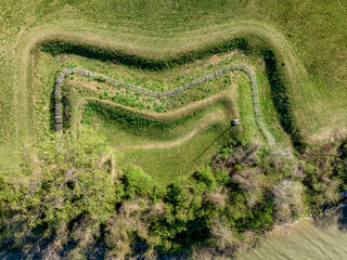 Aerial view of  the Fusiliers Redoubt, in Yorktown Virginia with pikes and dry moat. This fortification was manned by the Royal Welch Fusiliers throughout the siege.