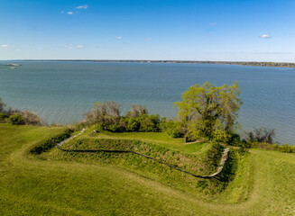 Aerial view of  the Fusiliers Redoubt, in Yorktown Virginia with pikes and dry moat. This...