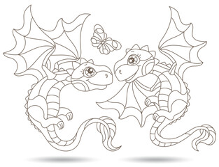 Set of contour illustrations in the style of stained glass with cartoon cute dragons, dark outlines on a white background